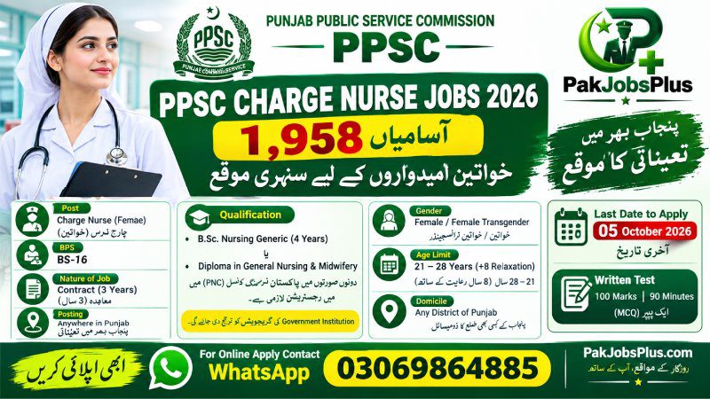 PPSC Charge Nurse Jobs 2026 – 1,958 Vacancies for Female Candidates